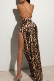 Vestidos de vestido irregular com estampa de leopardo sexy patchwork com alça espaguete