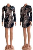 Black Sexy Print Patchwork Buckle Turndown Collar Shirt Dress Dresses