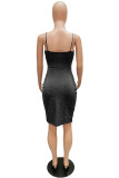Black Fashion Sexy Solid Backless Fold V-hals Sling Dress