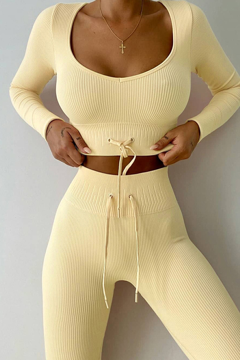 

Yellow Casual Sportswear Solid Frenulum V Neck Long Sleeve Two Pieces