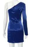 Blue Sexy Solid Patchwork Slit Asymmetrical Asymmetrical Collar One Step Skirt Dresses