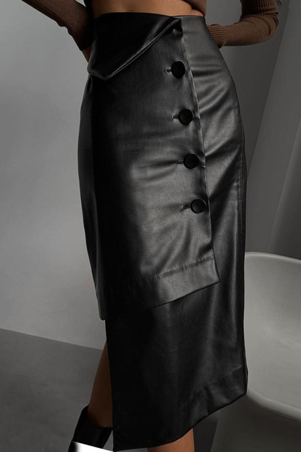 Negro Moda Casual Sólido Patchwork Hebilla Asimétrica Alta Cintura Recta Color Sólido Bottoms