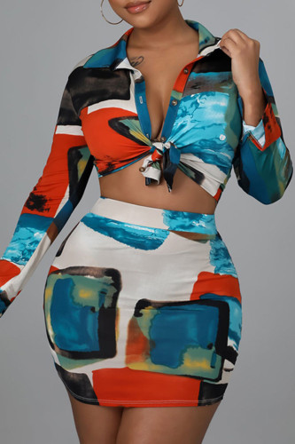Multicolor Casual Print Patchwork Buckle Turndown Collar Long Sleeve Two Pieces