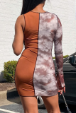 Brownness - Robes jupe crayon sexy à imprimé patchwork asymétrique épaule dénudée