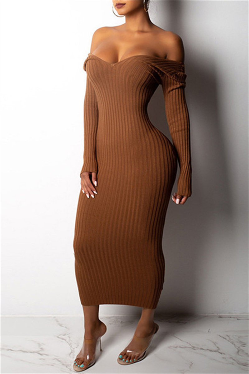 

Brown Fashion Casual Solid Basic V Neck Long Sleeve Dresses