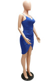 Синее модное сексуальное однотонное платье с открытой спиной и V-образным вырезом на бретелях