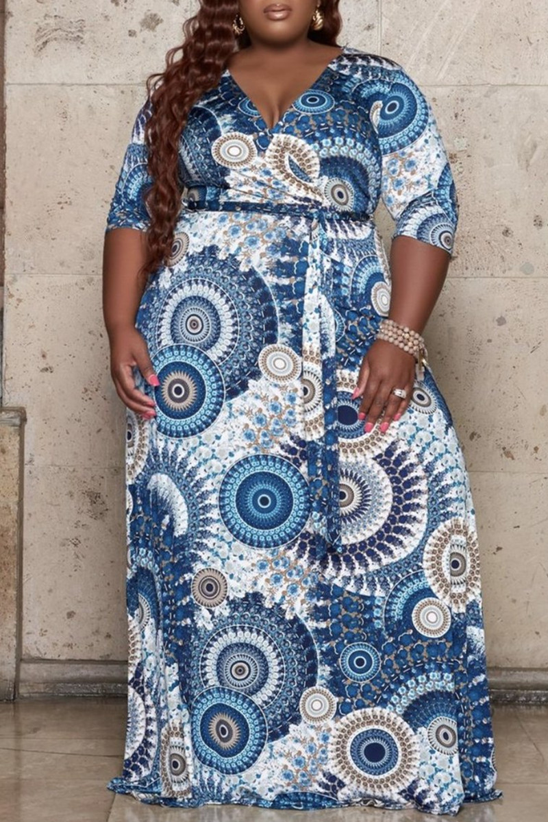 

Blue White Fashion Casual Print Basic V Neck Plus Size Dresses