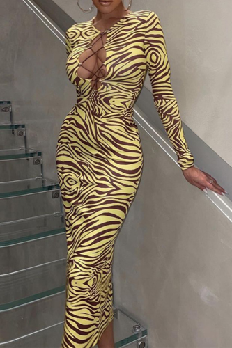 Yellow Sexy Print Patchwork V Neck Pencil Skirt Dresses