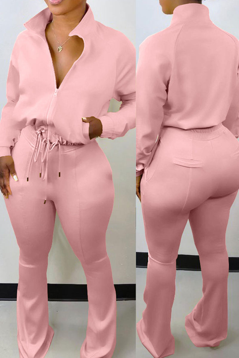 

Pink Casual Solid Split Joint Draw String Zipper Long Sleeve Two Pieces