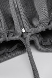 Prendas de abrigo con cremallera de frenillo de bolsillo con cordón de patchwork sólido informal negro