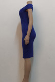Синее модное повседневное однотонное базовое платье с коротким рукавом