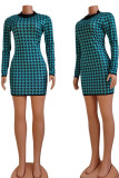 Turquoise Casual Plaid Print Patchwork O Neck One Step Skirt Dresses