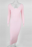 Розовые модные повседневные однотонные базовые платья с длинным рукавом с V-образным вырезом