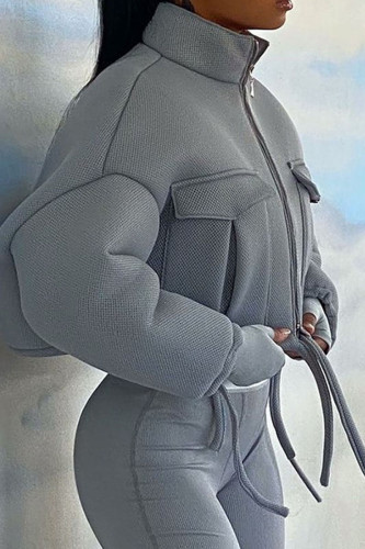 Grey Casual Solid Split Joint Draw String Pocket Frenulum Zipper Outerwear