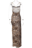Leopard Print Sexy Leopard Patchwork Spaghetti Strap Irregular Dress Dresses