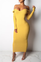 Yellow Fashion Casual Solid Basic V Neck Long Sleeve Dresses