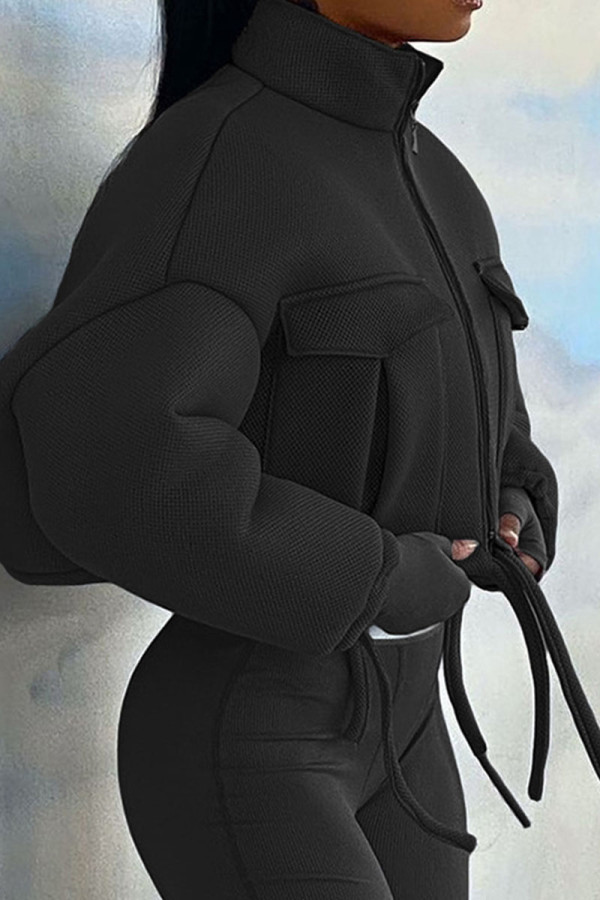 Черная повседневная однотонная лоскутная верхняя одежда с карманом на молнии и уздечкой на шнуровке