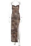 ヒョウ柄のセクシーなヒョウのパッチワークスパゲッティストラップ不規則なドレスドレス