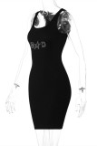 Черное сексуальное повседневное однотонное платье-жилет с круглым вырезом и горячей дрелью