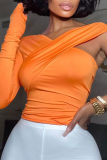Oranje sexy effen patchwork tops met V-hals