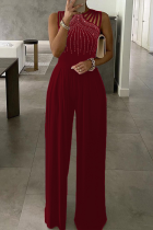 Rote Sexy Hot Drilling Patchwork Neckholder Straight Jumpsuits
