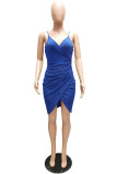 Blue Fashion Sexy Solid Backless Fold V-hals Sling Dress
