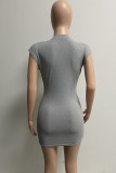 Grey Sexy Solid Patchwork V Neck One Step Skirt Dresses