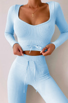 Bleu ciel Casual Sportswear Solid Frenulum V Neck Long Sleeve Two Pieces