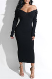 Черные модные повседневные однотонные базовые платья с V-образным вырезом и длинными рукавами