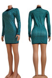 Turquoise Casual Plaid Print Patchwork O Neck One Step Jupe Robes