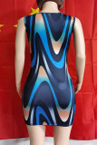 Голубое сексуальное повседневное платье с круглым вырезом и принтом
