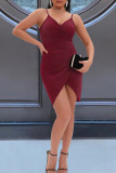 ブルゴーニュファッションセクシーなソリッドバックレスフォールドVネックスリングドレス