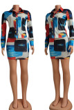 Multicolor Casual Print Patchwork Buckle Turndown Collar Long Sleeve Two Pieces