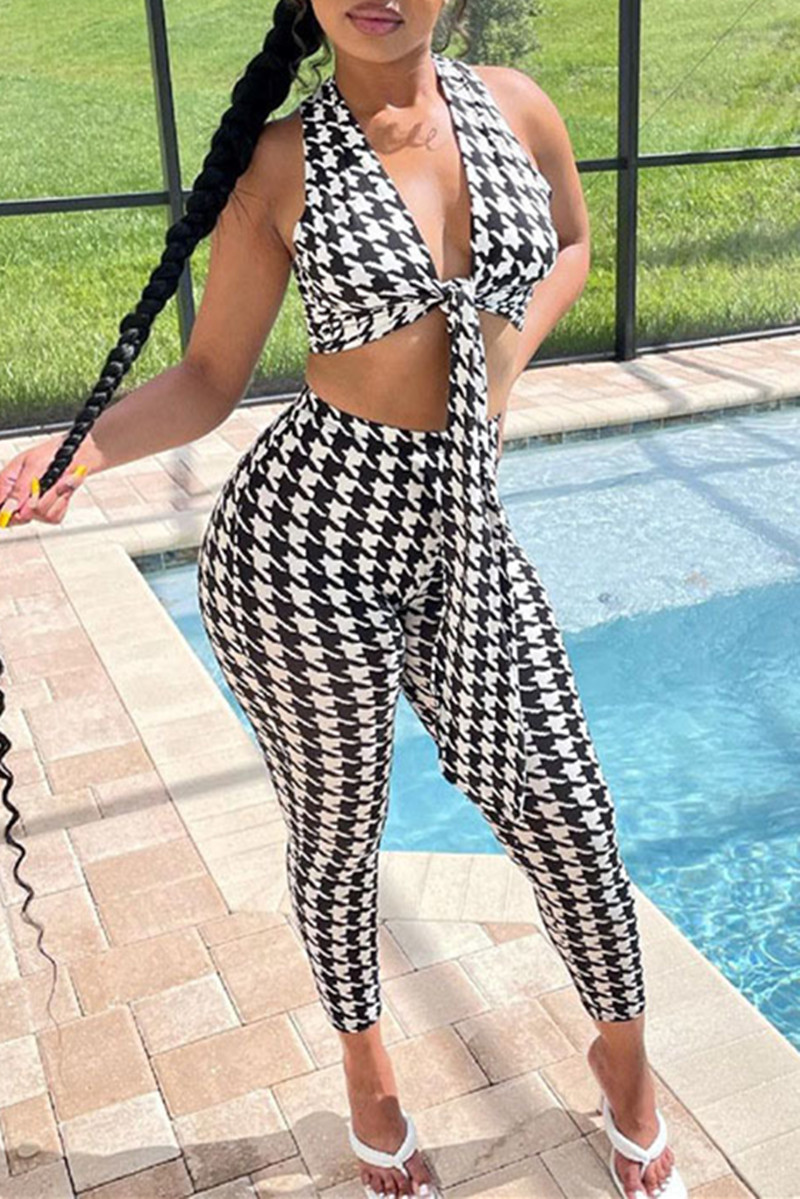 

Black Fashion Sexy Print Bandage V Neck Sleeveless Two Pieces