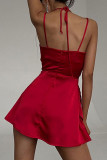 Rose Red Sexy Solid Patchwork Spaghetti Strap A Line Vestidos