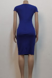 Blauwe mode casual effen basic jurk met korte mouwen