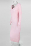 ピンクのファッションカジュアルソリッドベーシックVネック長袖ドレス