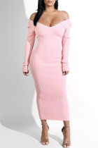 Розовые модные повседневные однотонные базовые платья с длинным рукавом с V-образным вырезом