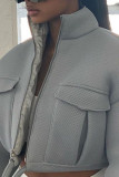 Grey Casual Solid Patchwork Draw String Pocket Frenulum Zipper Outerwear
