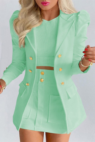 Green Fashion Casual Solid Cardigan Turndown Collar Long Sleeve Two Pieces