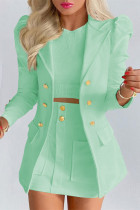 グリーンファッションカジュアルソリッドカーディガンターンダウンカラー長袖ツーピース