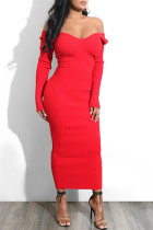 Red Fashion Casual Solid Basic V-Ausschnitt Langarm-Kleider