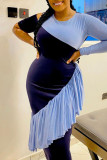 ブルーカジュアルソリッドパッチワークフラウンス非対称Oネックワンステップスカートドレス
