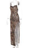 Leopard Print Sexy Leopard Patchwork Spaghetti Strap Irregular Dress Dresses