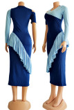 Blue Casual Solid Patchwork Flounce Asymmetrical O Neck One Step Skirt Dresses