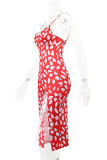 赤いファッションセクシーなプリント背中の開いたスリットVネックスリングドレスドレス