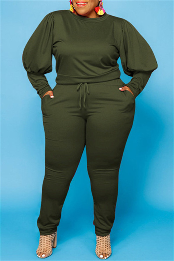 Армейский зеленый модный повседневный однотонный базовый с круглым вырезом плюс размер из двух предметов