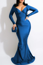 Синее модное сексуальное однотонное вечернее платье с открытой спиной и V-образным вырезом с длинными рукавами