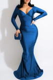 Blue Fashion Sexy Solid Backless V-Ausschnitt mit langen Ärmeln Abendkleid