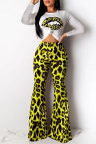 Yellow adult Casual Fashion Print Lips Print Leopard Two Piece Suits Boot Cut Long Sleeve Two-pi